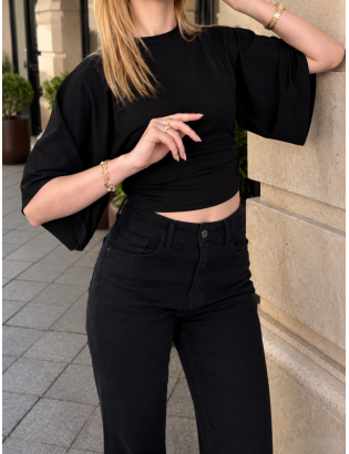 Yan Büzgü Detaylı Siyah Crop Bluz
