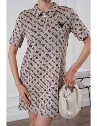 Monogram Desenli Fermuarlı Polo Yaka Mini Elbise 
