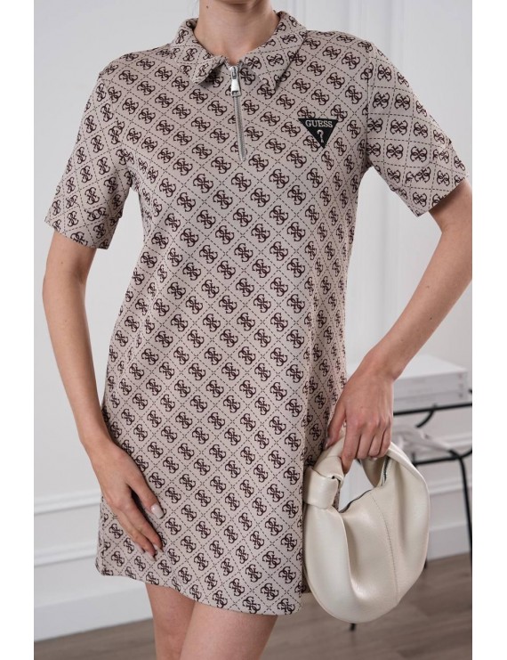 Monogram Desenli Fermuarlı Polo Yaka Mini Elbise 
